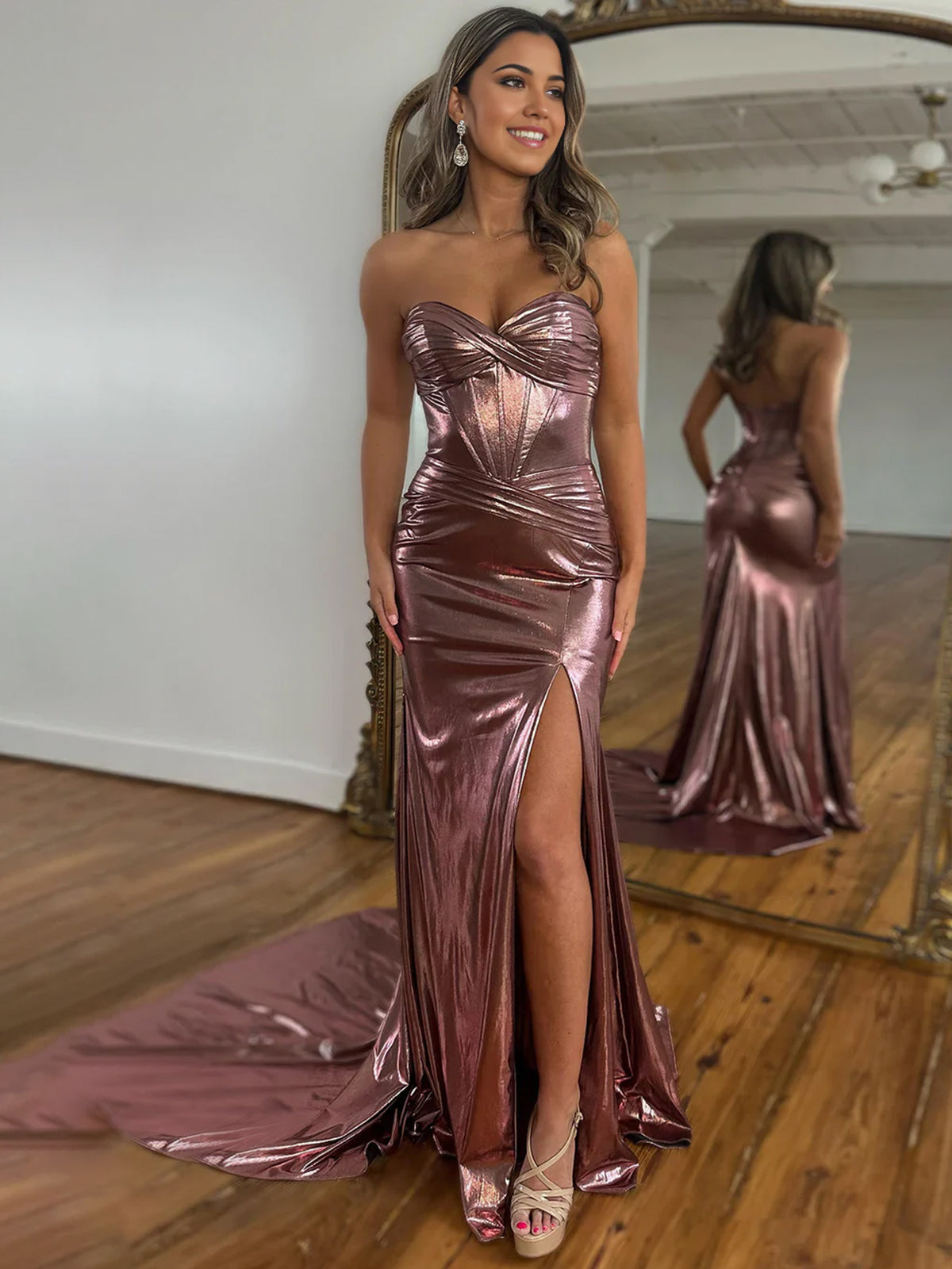 Mermaid Sweetheart Strapless Metallic Empire Prom Dress With Side Slit