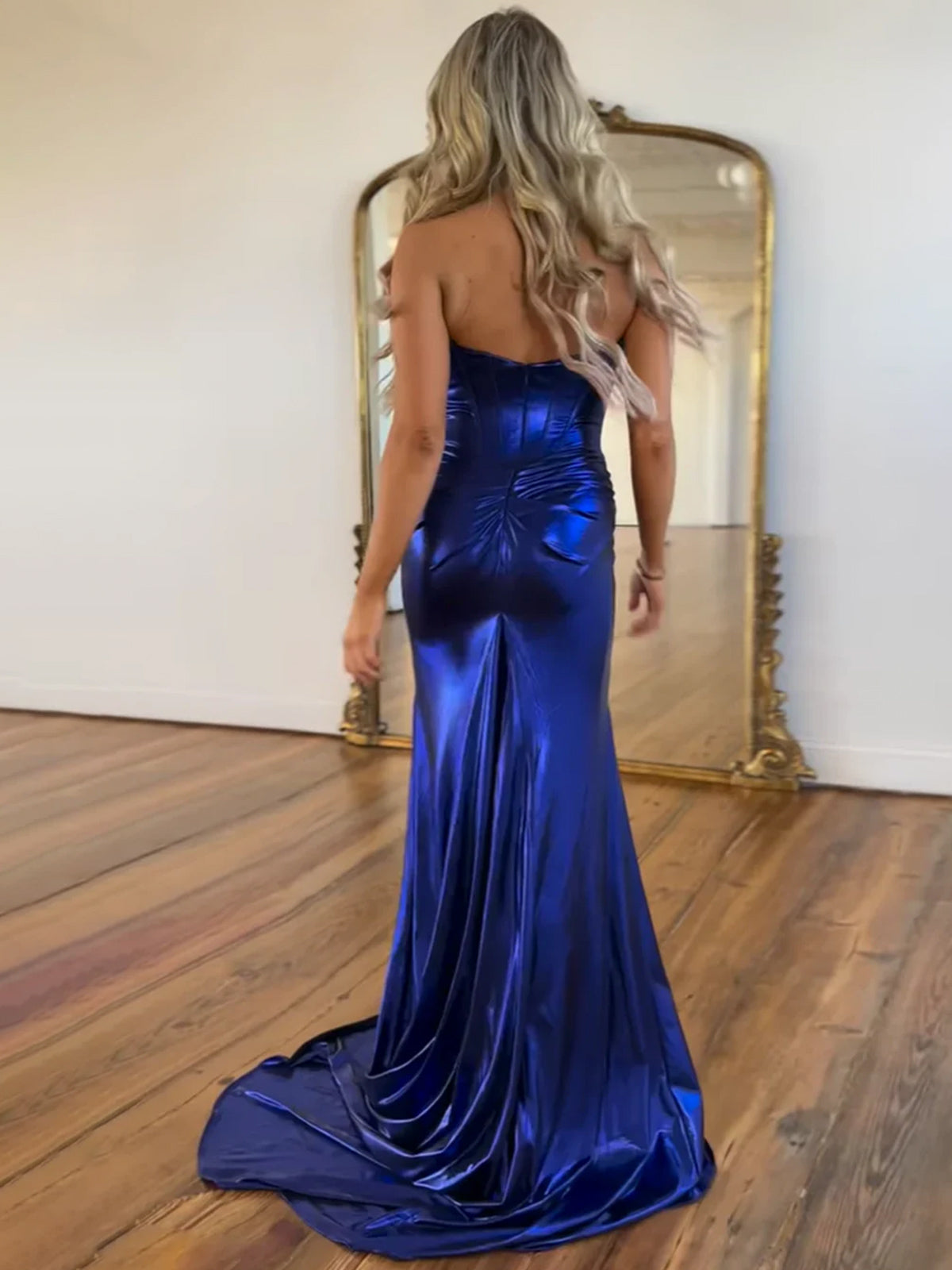 Mermaid Sweetheart Strapless Metallic Empire Prom Dress With Side Slit