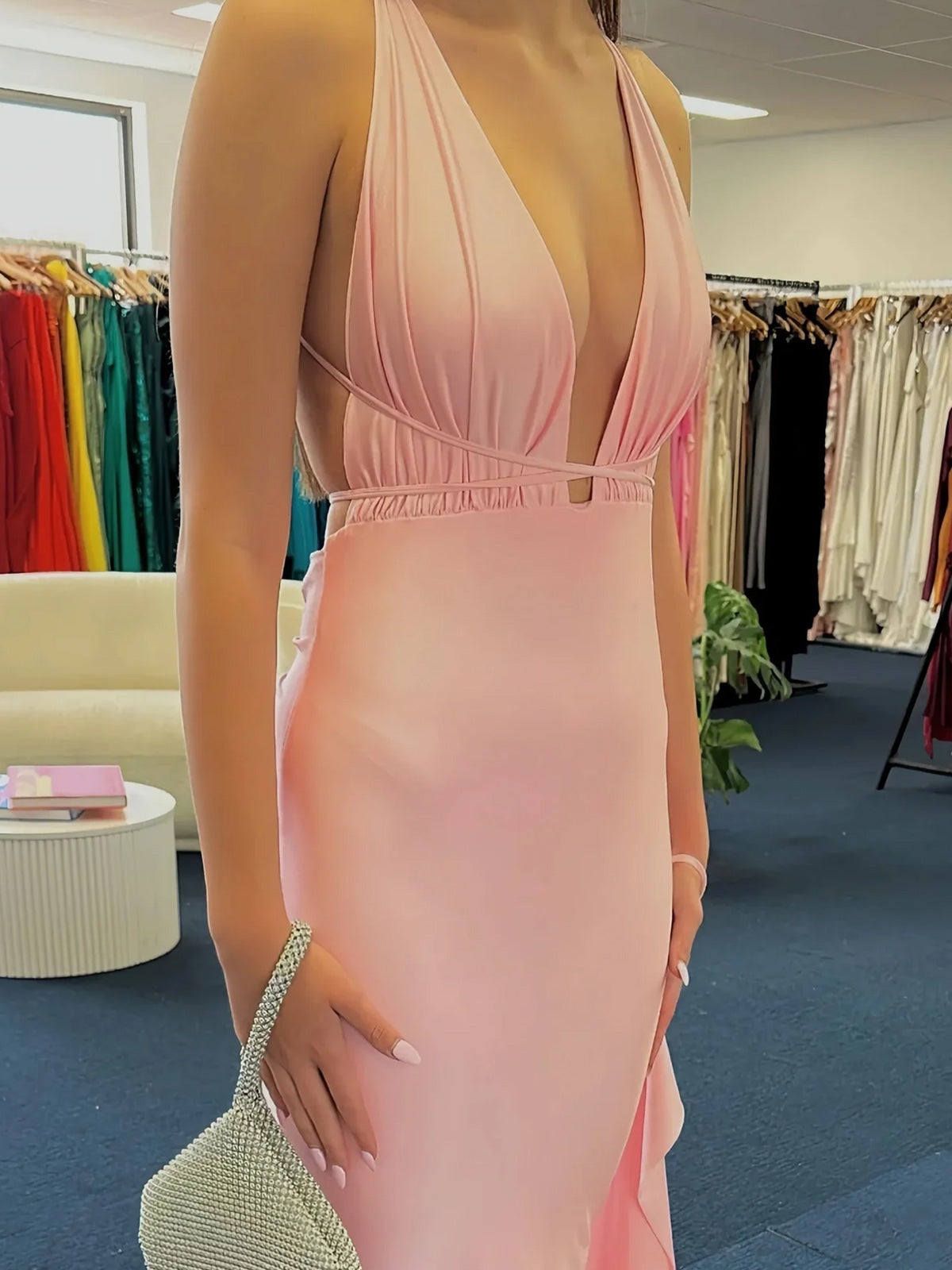 Plunge Neck Light Pink Mermaid Satin Long Prom Dress