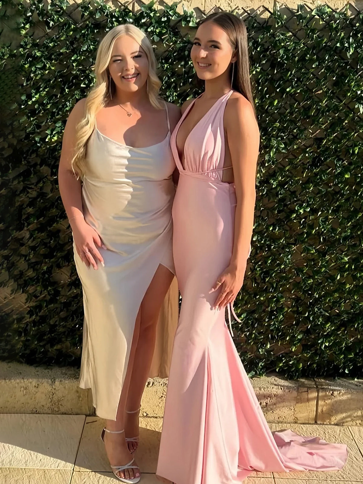 Plunge Neck Light Pink Mermaid Satin Long Prom Dress
