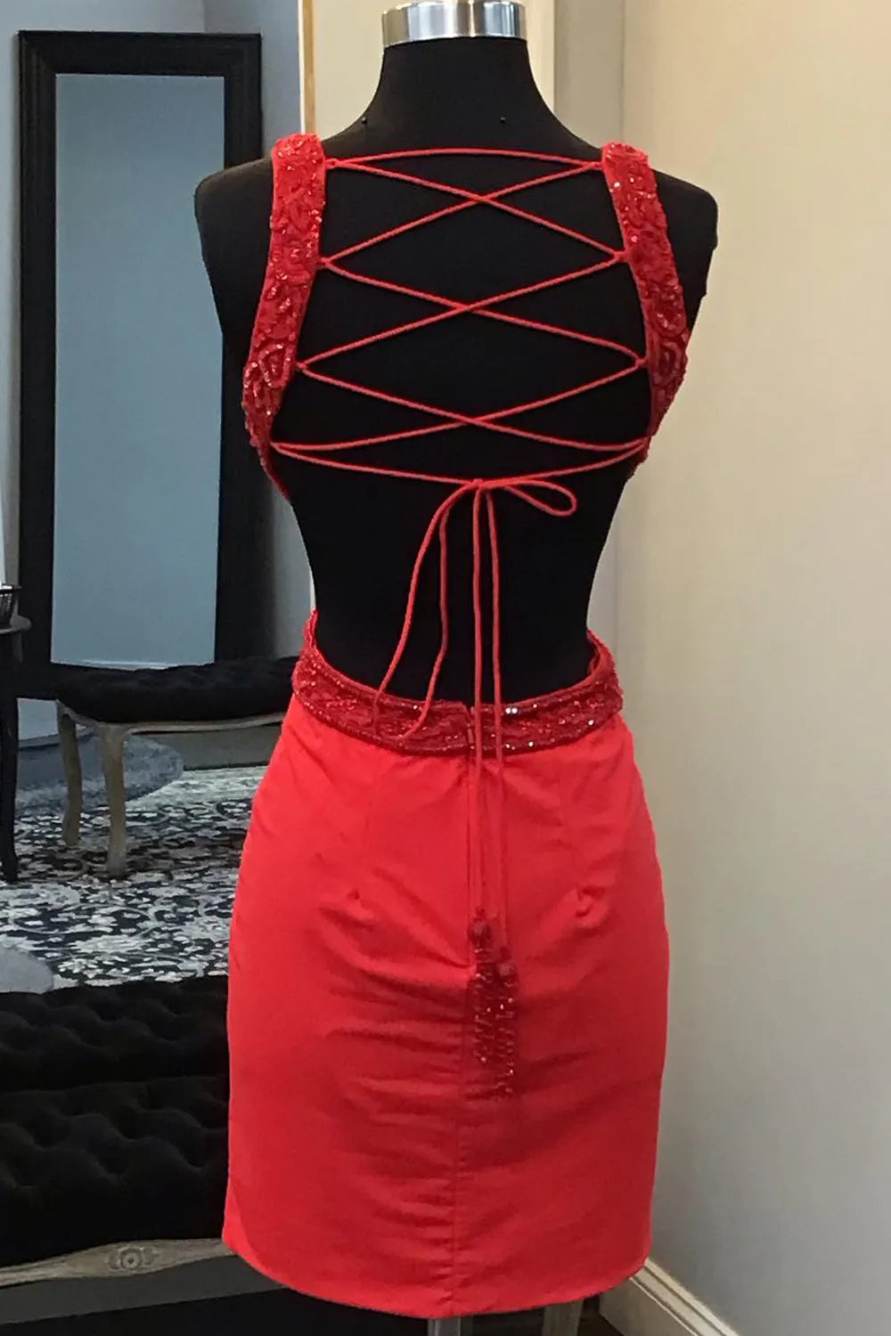 Hot Pink Appliques Lace-Up Tight Short Dress