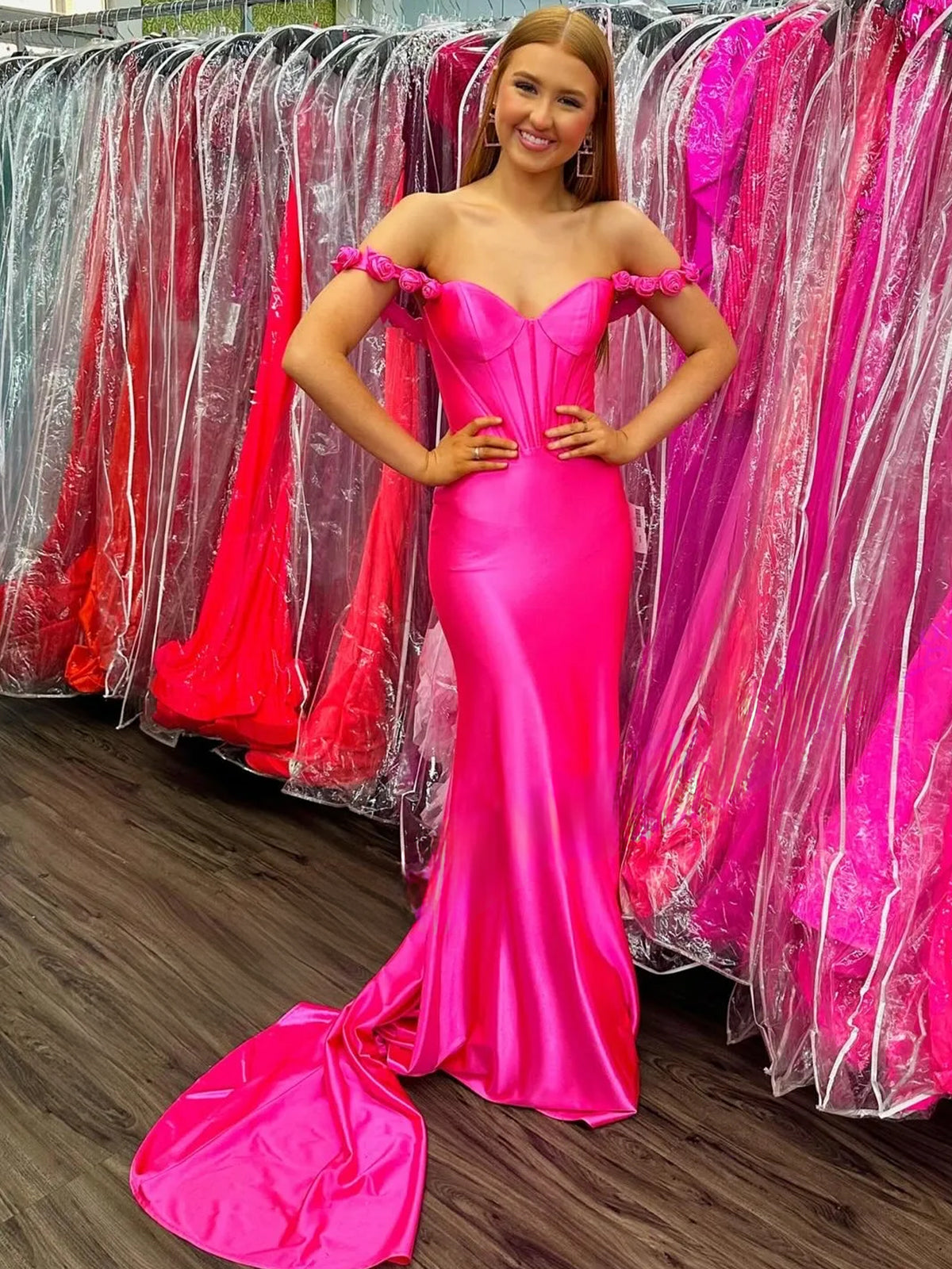 Hot Pink Floral Straps Mermaid Satin Long Prom Dress