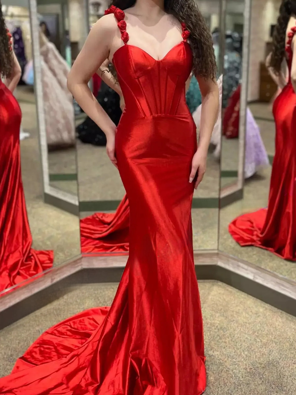 Hot Pink Floral Straps Mermaid Satin Long Prom Dress