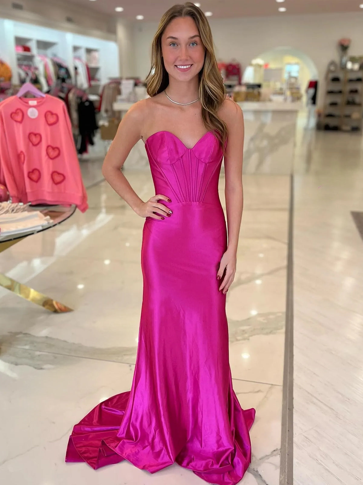 Hot Pink Floral Straps Mermaid Satin Long Prom Dress