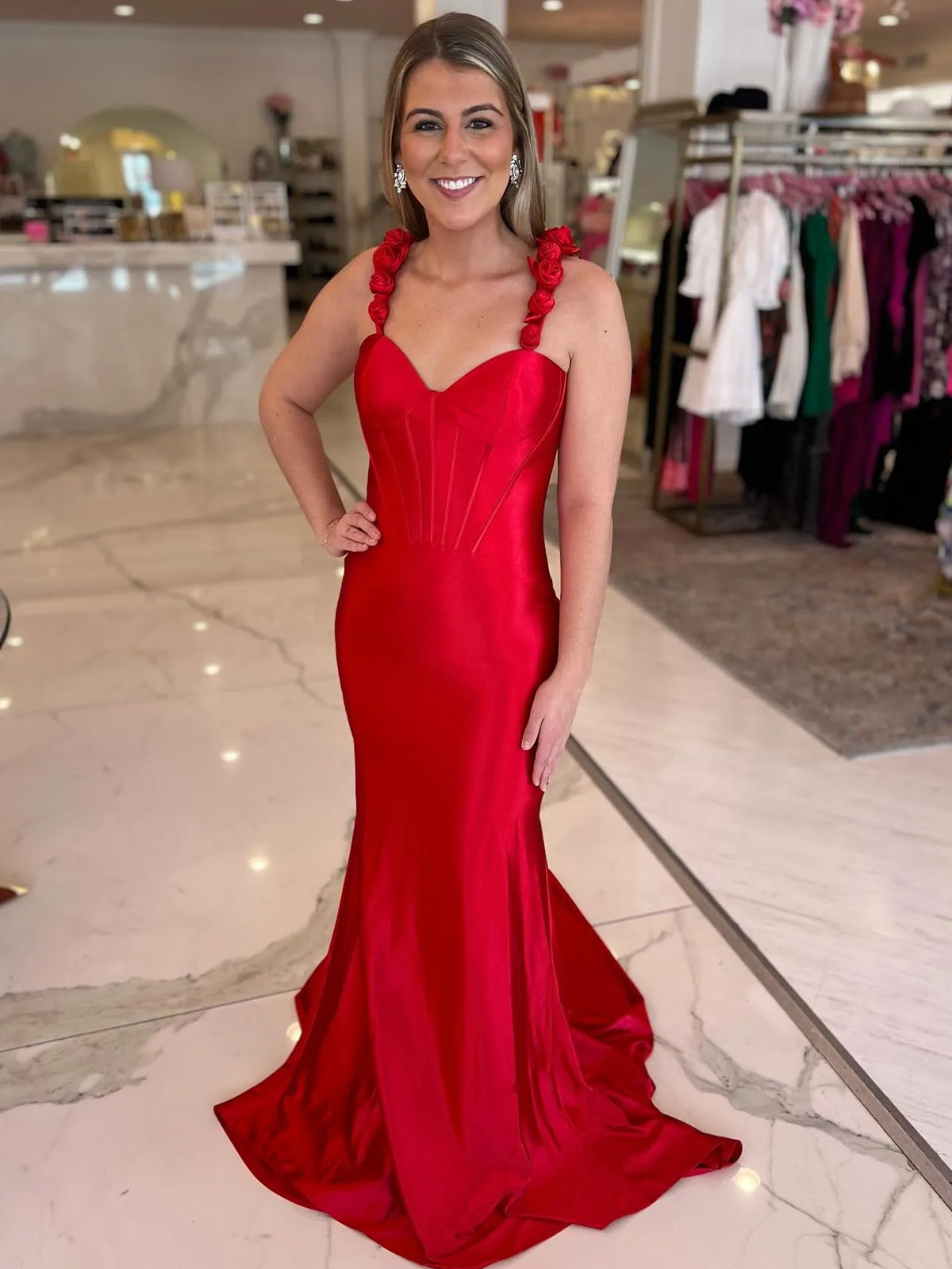 Hot Pink Floral Straps Mermaid Satin Long Prom Dress
