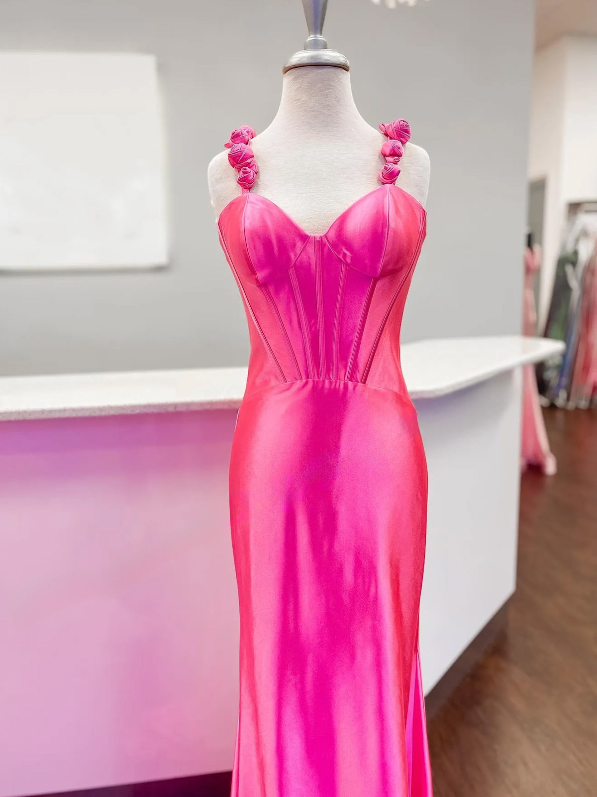 Hot Pink Floral Straps Mermaid Satin Long Prom Dress
