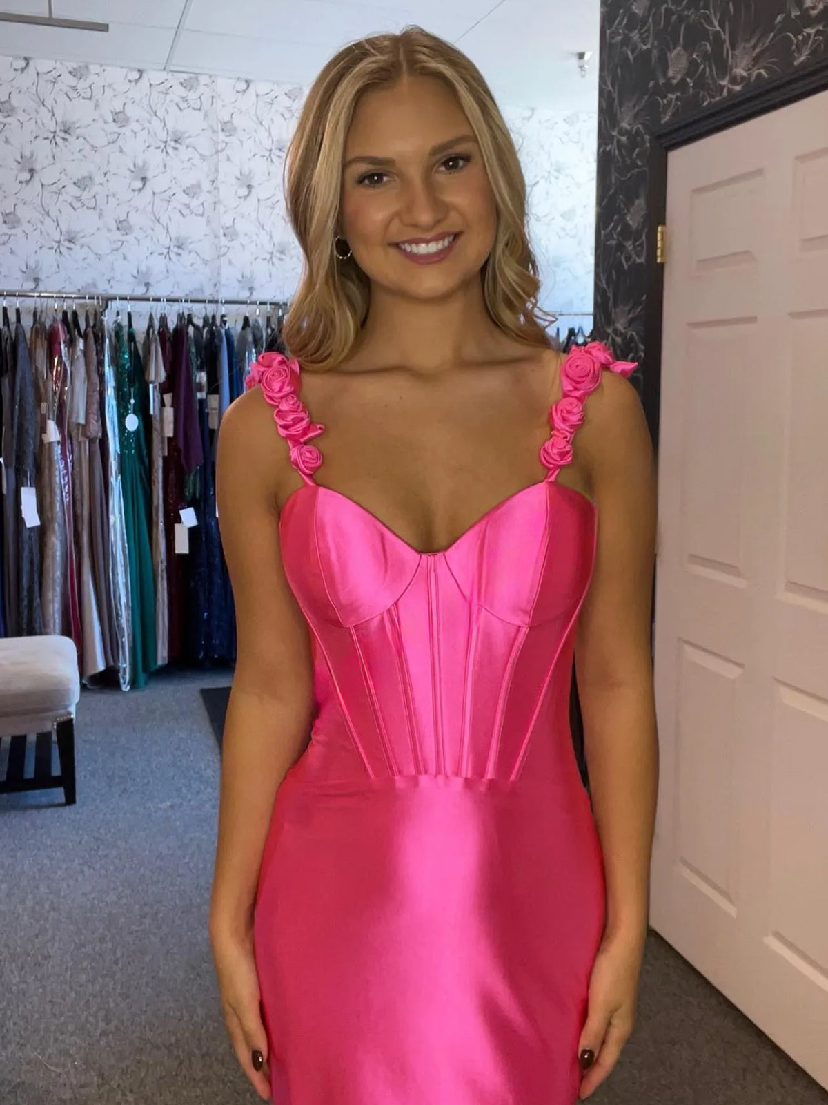 Hot Pink Floral Straps Mermaid Satin Long Prom Dress