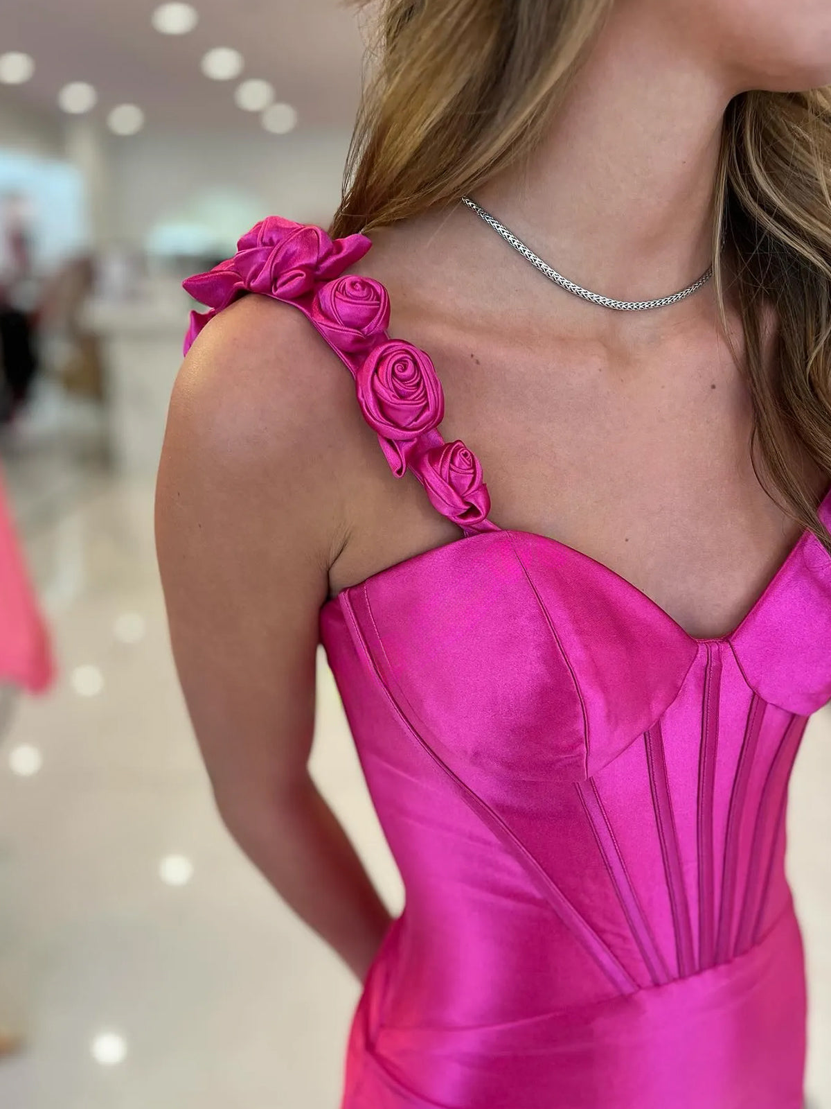 Hot Pink Floral Straps Mermaid Satin Long Prom Dress