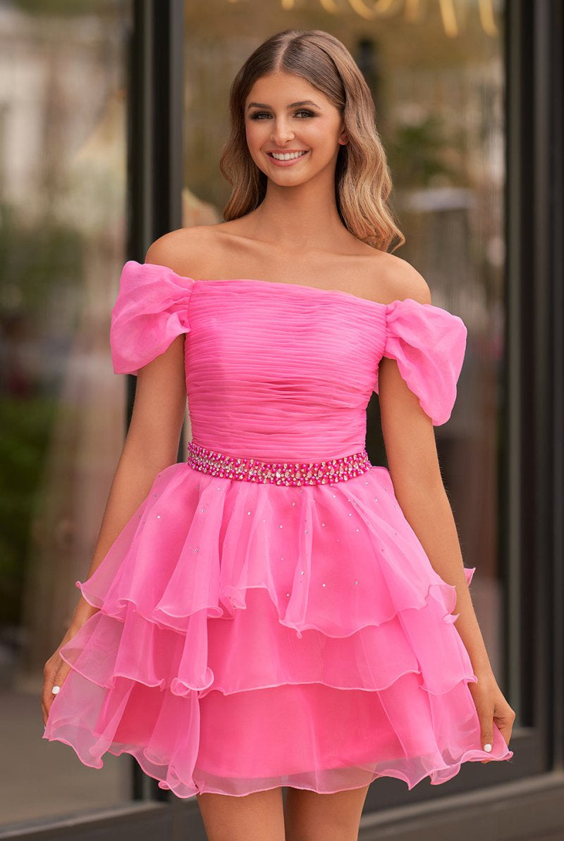 Xanthe | Hot Pink Off - the - Shoulder Ruffle Short Homecoming Dress - KissProm