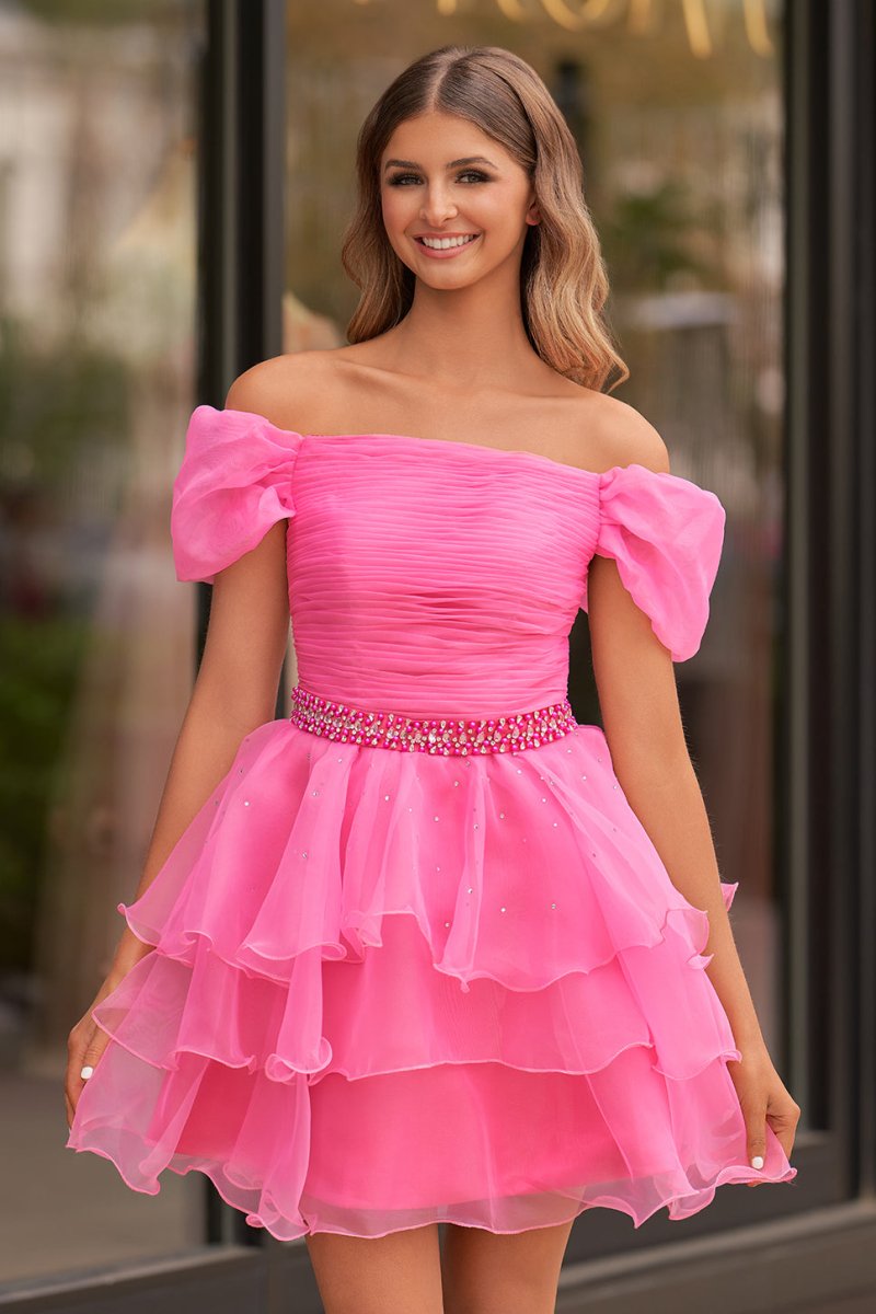 Xanthe | Hot Pink Off - the - Shoulder Ruffle Short Homecoming Dress - KissProm