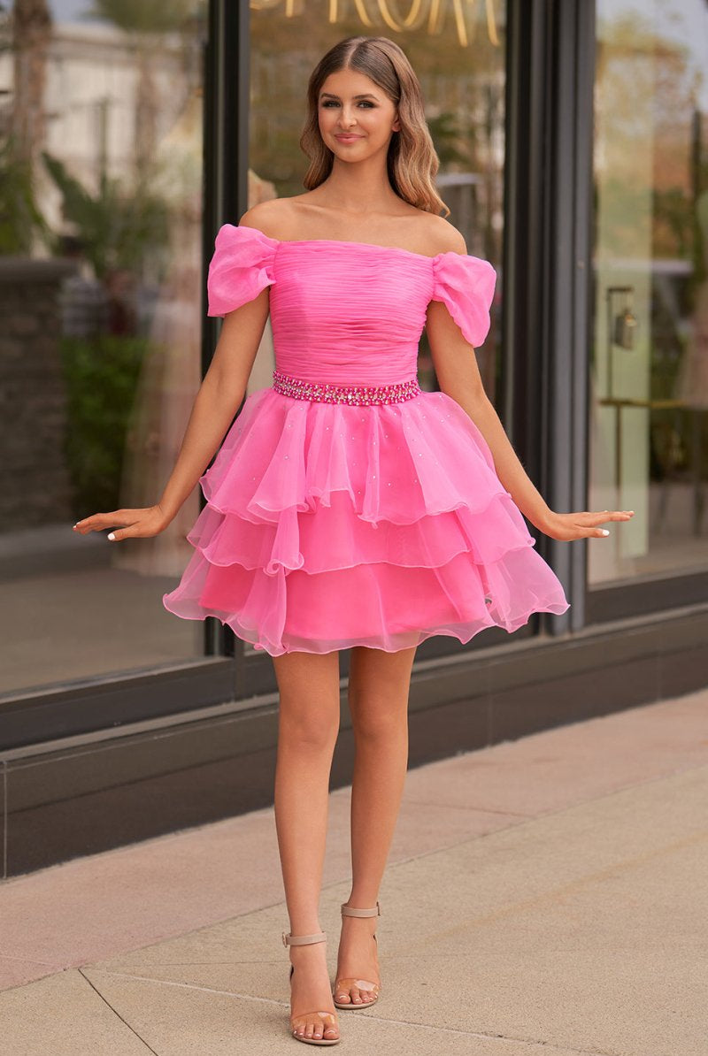 Xanthe | Hot Pink Off - the - Shoulder Ruffle Short Homecoming Dress - KissProm