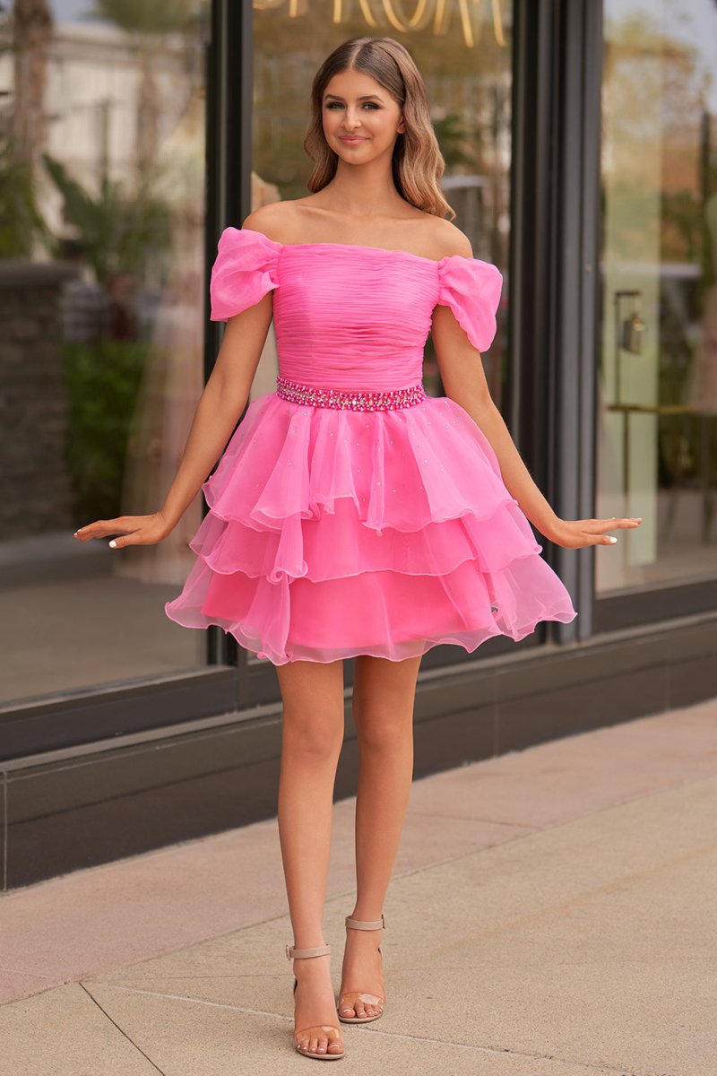 Xanthe | Hot Pink Off - the - Shoulder Ruffle Short Homecoming Dress - KissProm
