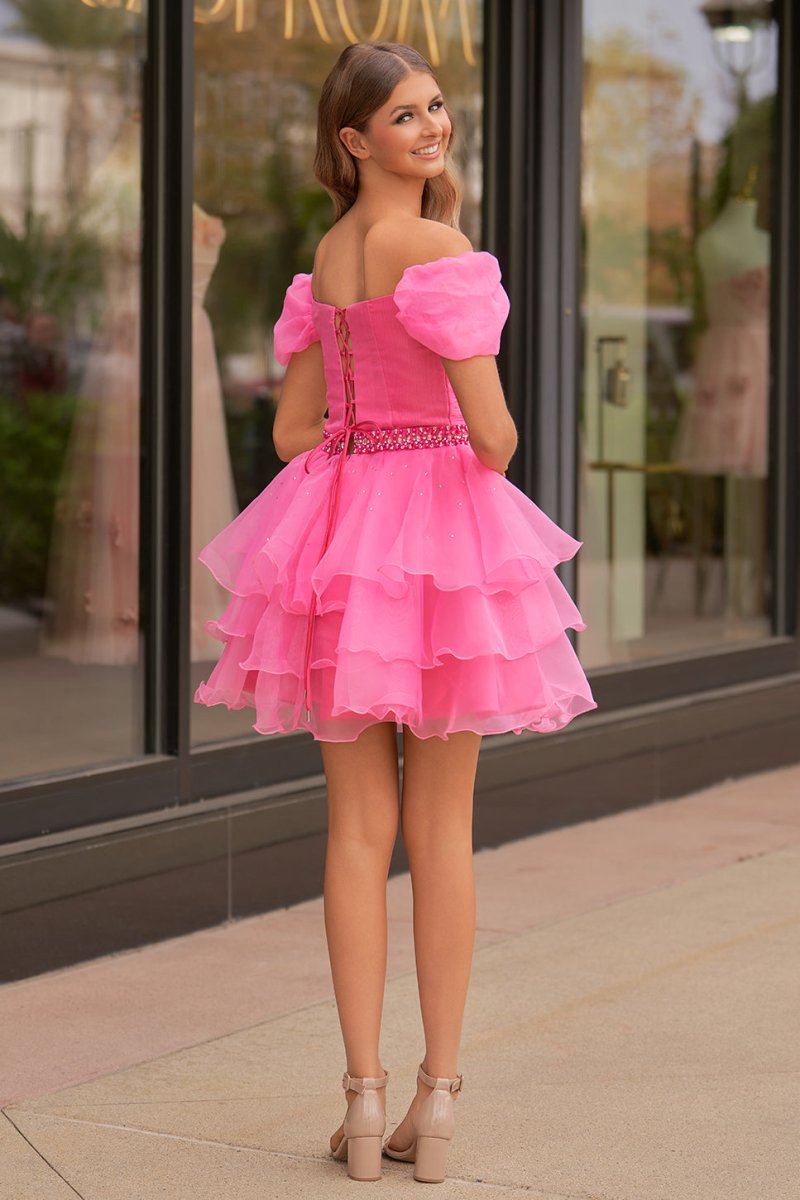 Xanthe | Hot Pink Off - the - Shoulder Ruffle Short Homecoming Dress - KissProm