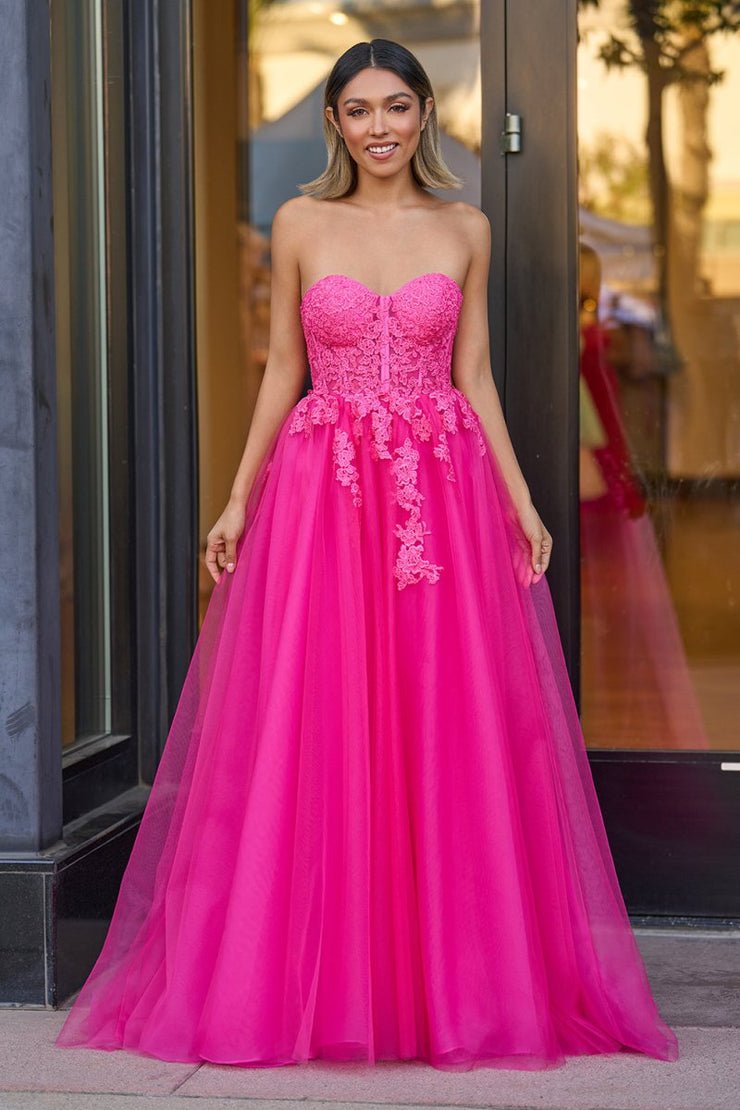 Amora | Hot Pink A - Line Tulle Lace Strapless Long Prom Dress - KissProm