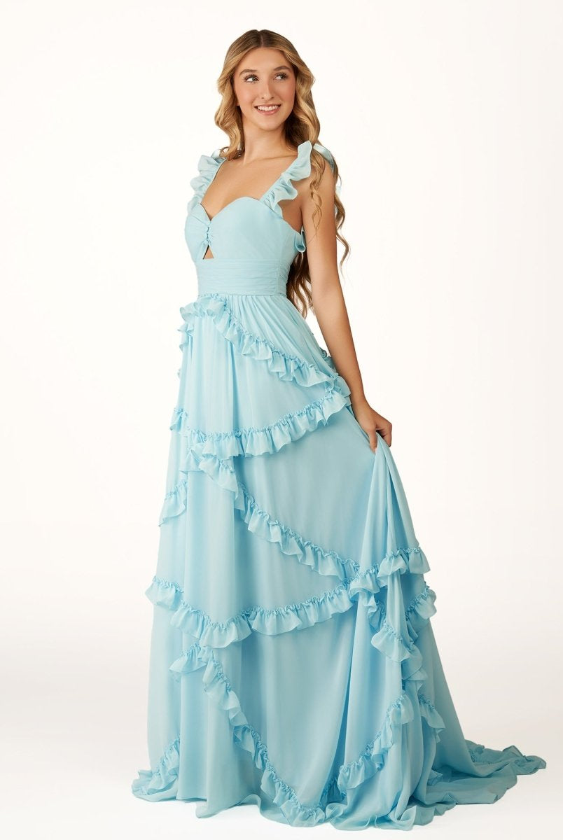 Hubery | A - Line Straps Sky Blue Chiffon Ruffles Long Prom Dress - KissProm