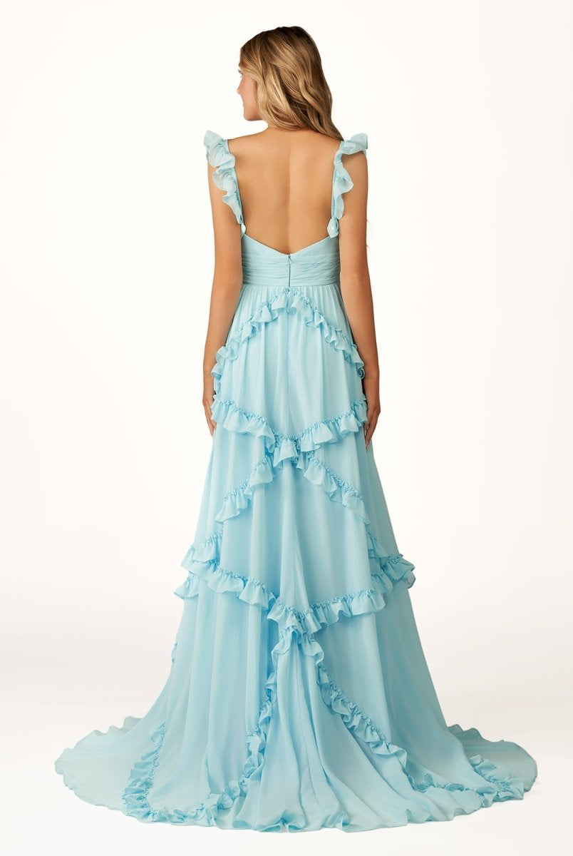 Hubery | A - Line Straps Sky Blue Chiffon Ruffles Long Prom Dress - KissProm