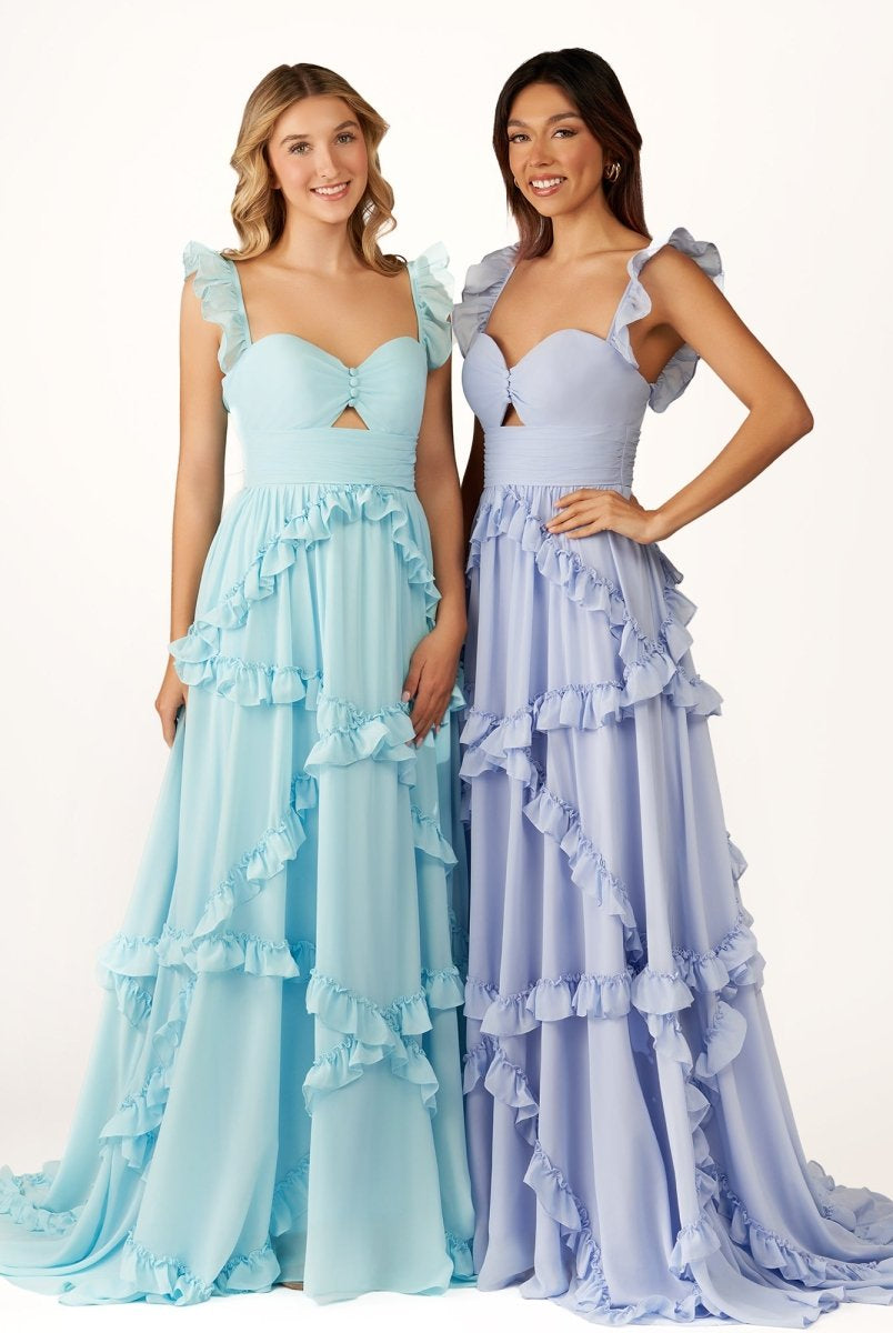 Hubery | A - Line Straps Sky Blue Chiffon Ruffles Long Prom Dress - KissProm