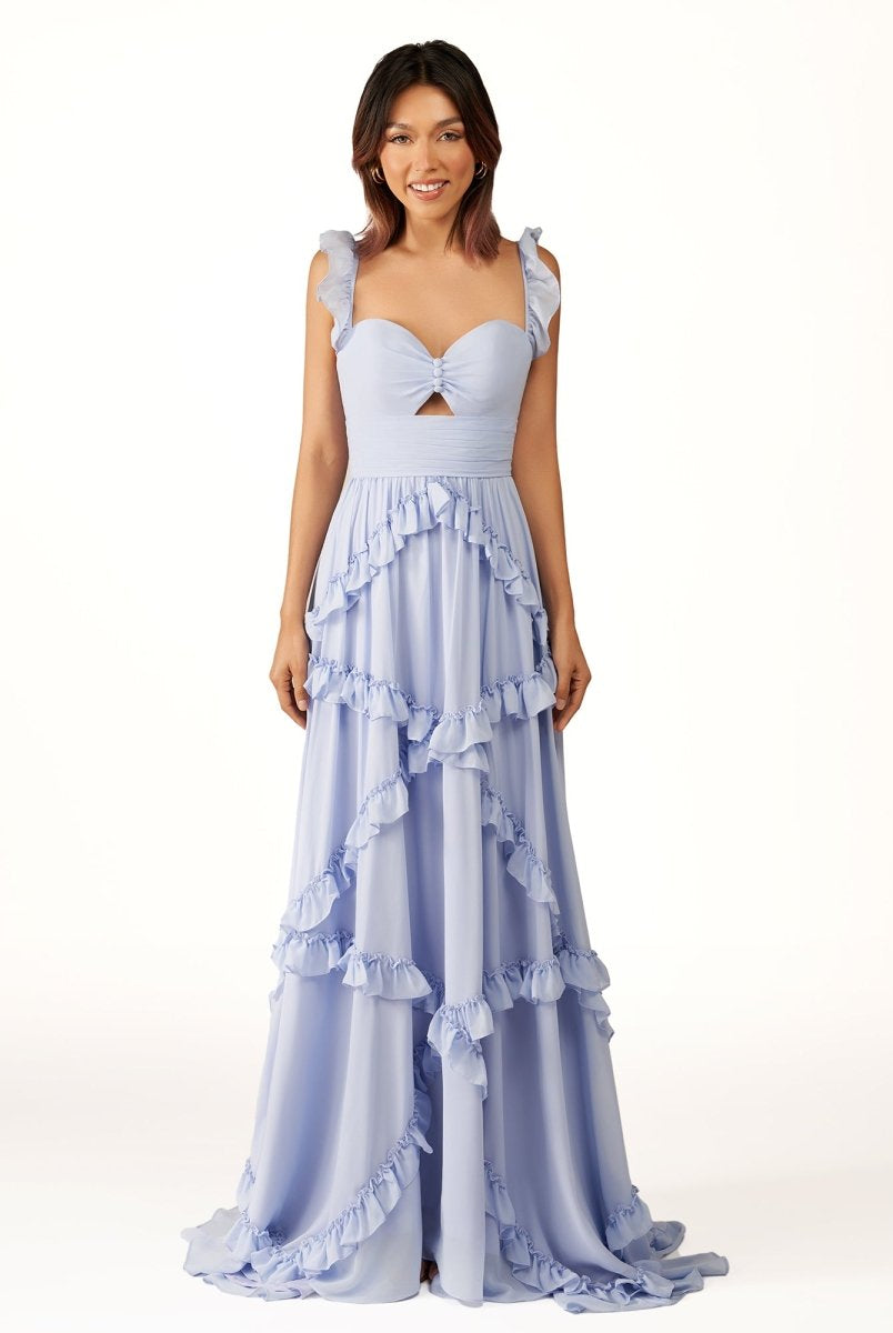 Hubery | A - Line Straps Sky Blue Chiffon Ruffles Long Prom Dress - KissProm
