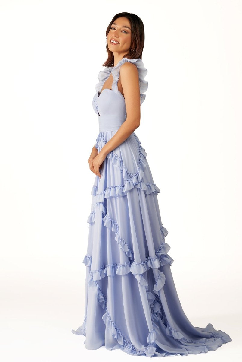Hubery | A - Line Straps Sky Blue Chiffon Ruffles Long Prom Dress - KissProm