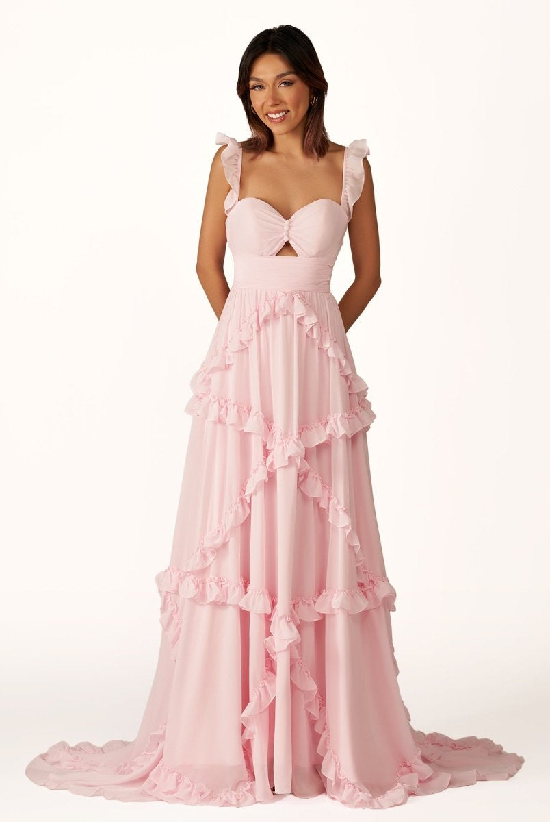 Hubery | A - Line Straps Sky Blue Chiffon Ruffles Long Prom Dress - KissProm