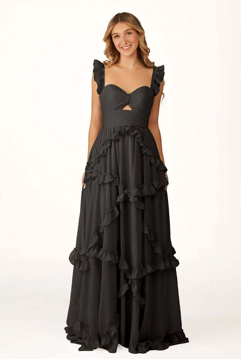 Hubery | A - Line Straps Sky Blue Chiffon Ruffles Long Prom Dress - KissProm