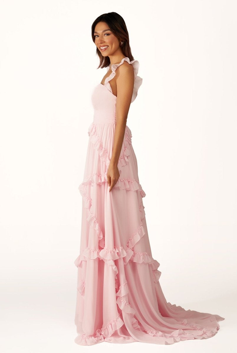 Hubery | A - Line Straps Sky Blue Chiffon Ruffles Long Prom Dress - KissProm