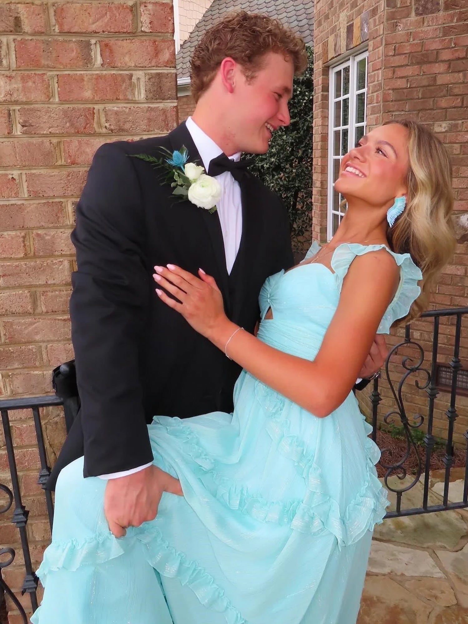 A-Line Straps Sky Blue Chiffon Ruffles Long Prom Dress