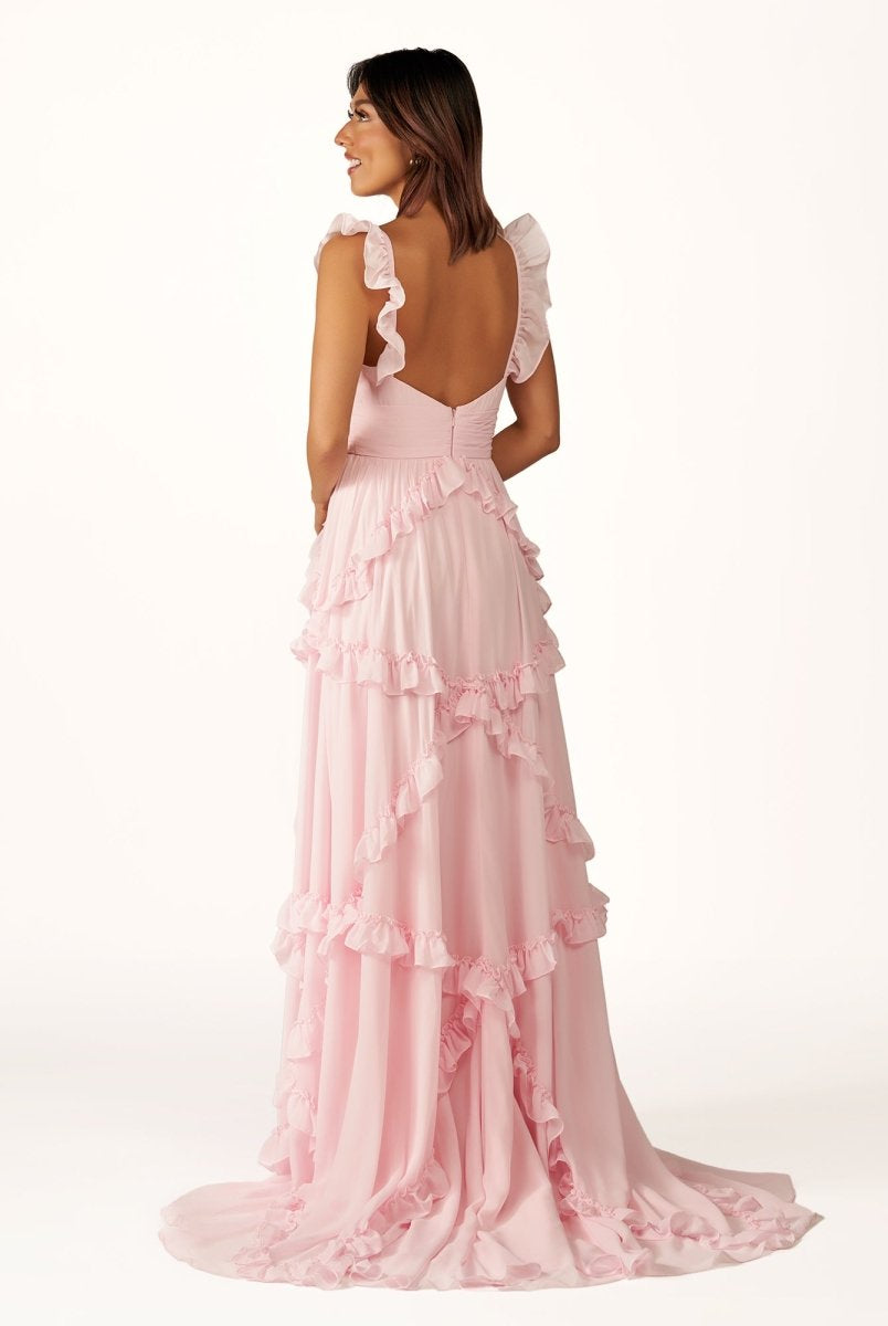 Hubery | A - Line Straps Sky Blue Chiffon Ruffles Long Prom Dress - KissProm