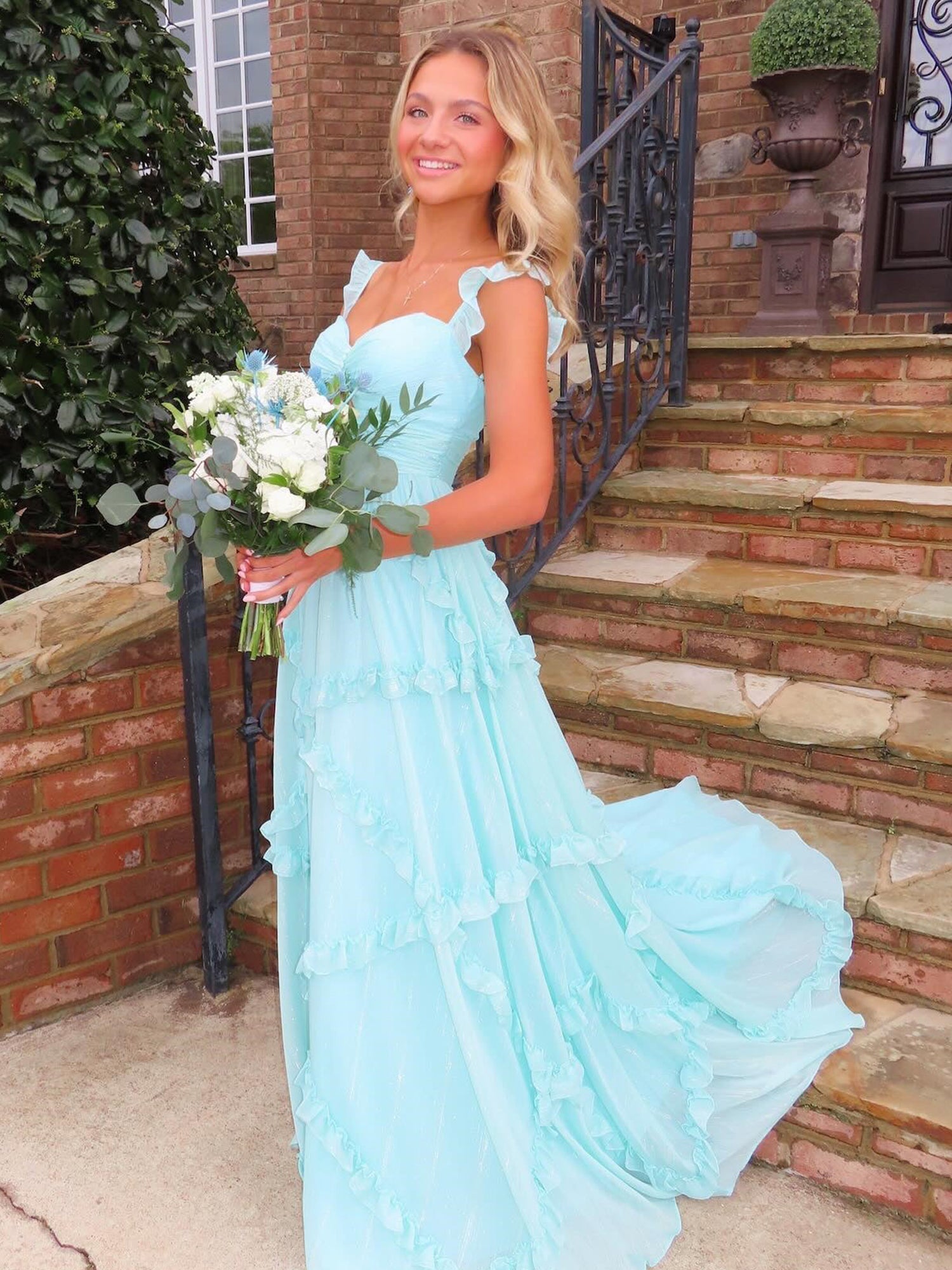 A-Line Straps Sky Blue Chiffon Ruffles Long Prom Dress