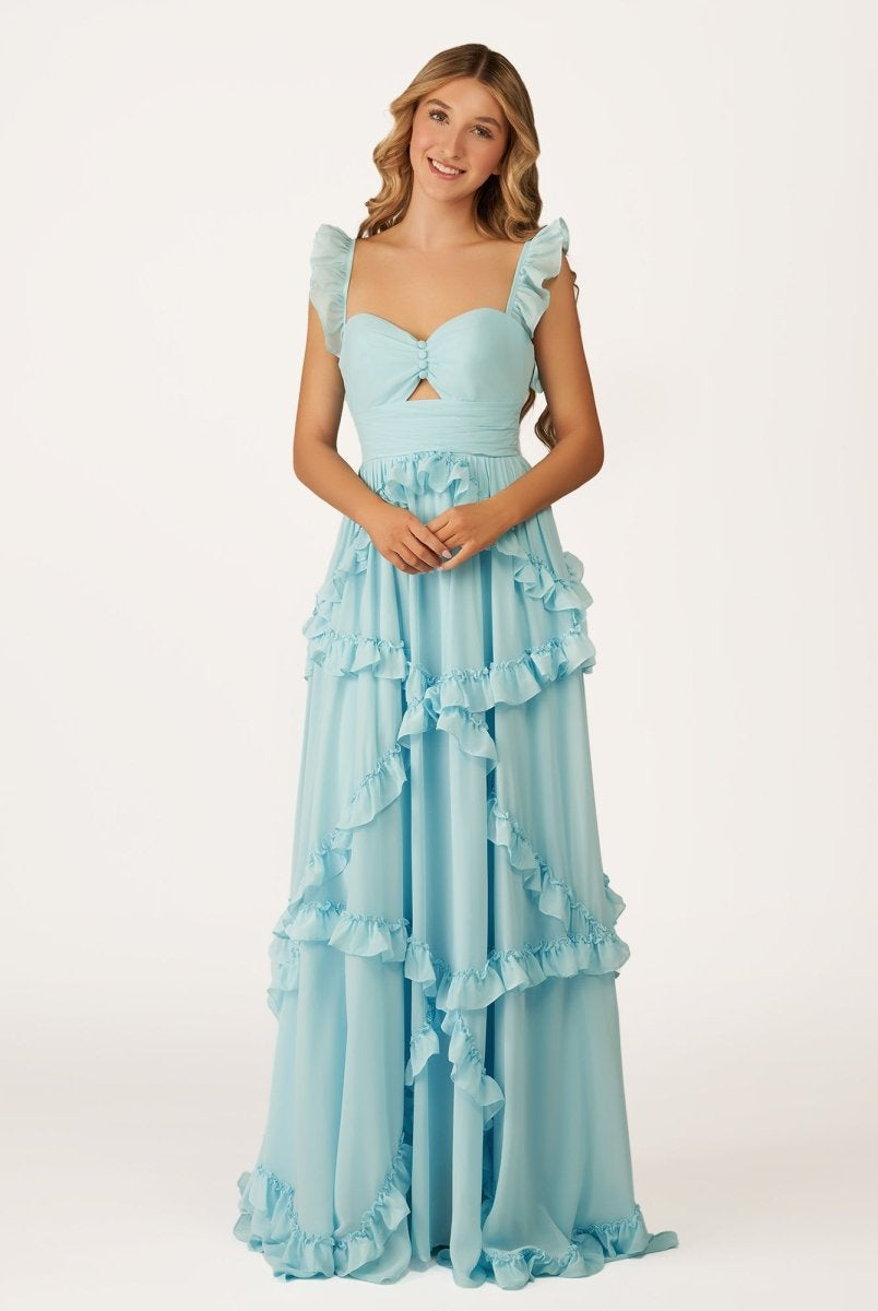 Hubery | A - Line Straps Sky Blue Chiffon Ruffles Long Prom Dress - KissProm