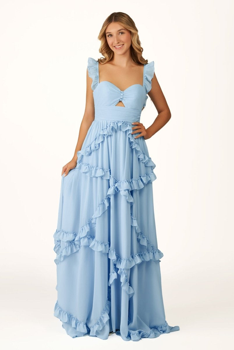 Hubery | A - Line Straps Sky Blue Chiffon Ruffles Long Prom Dress - KissProm