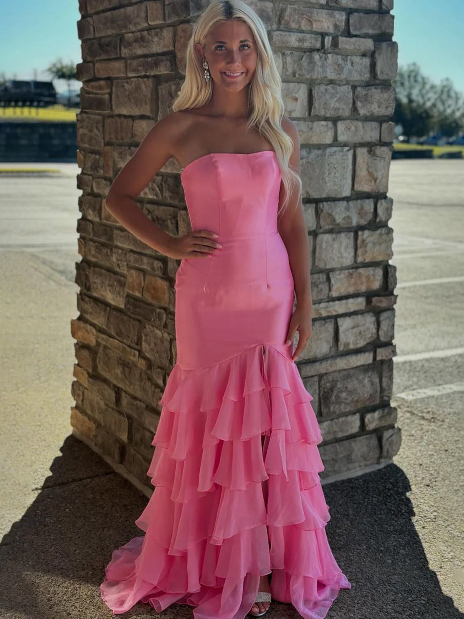Sky Blue Mermaid Strapless Prom Dresses With Split