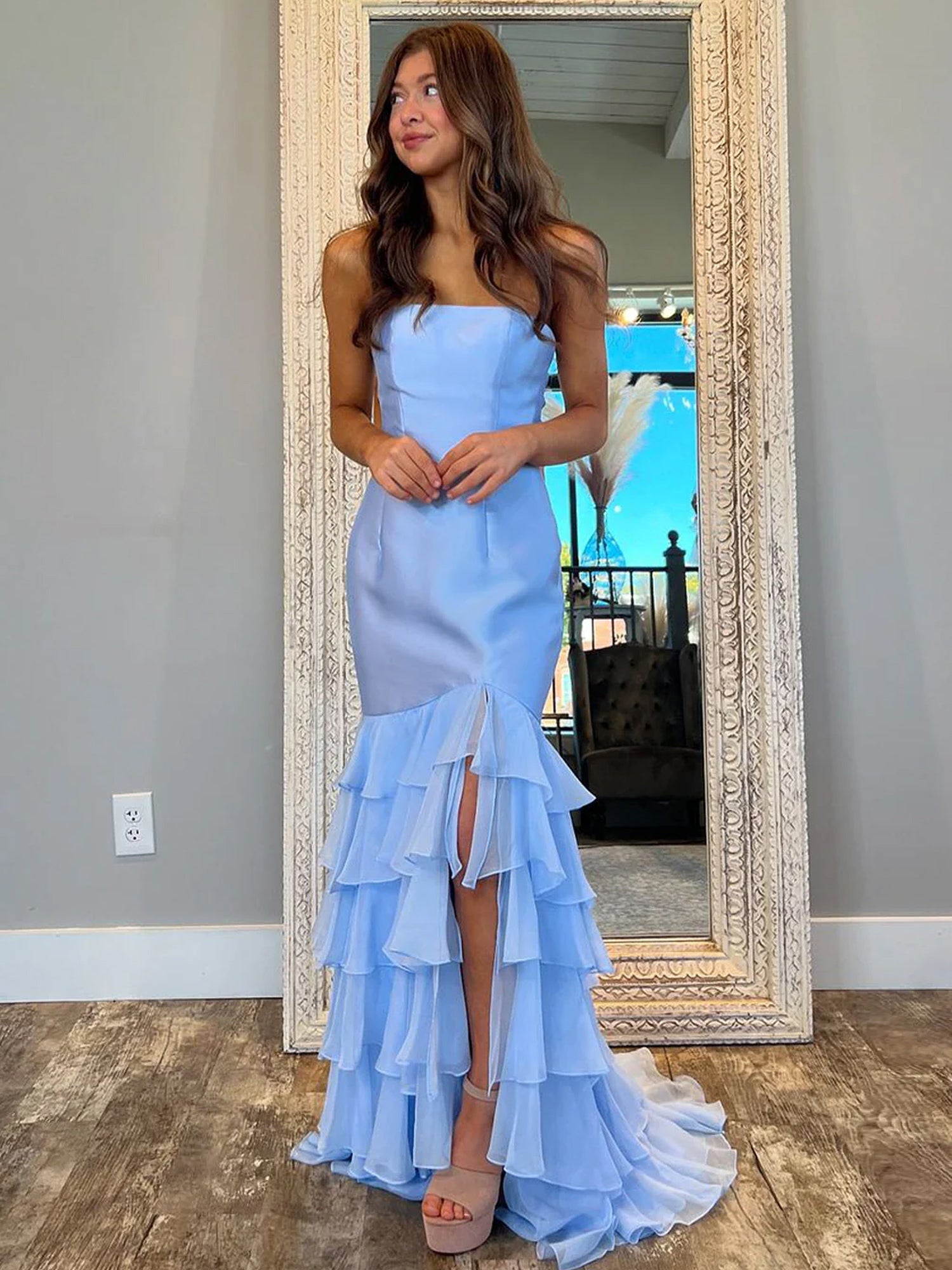 Sky Blue Mermaid Strapless Prom Dresses With Split
