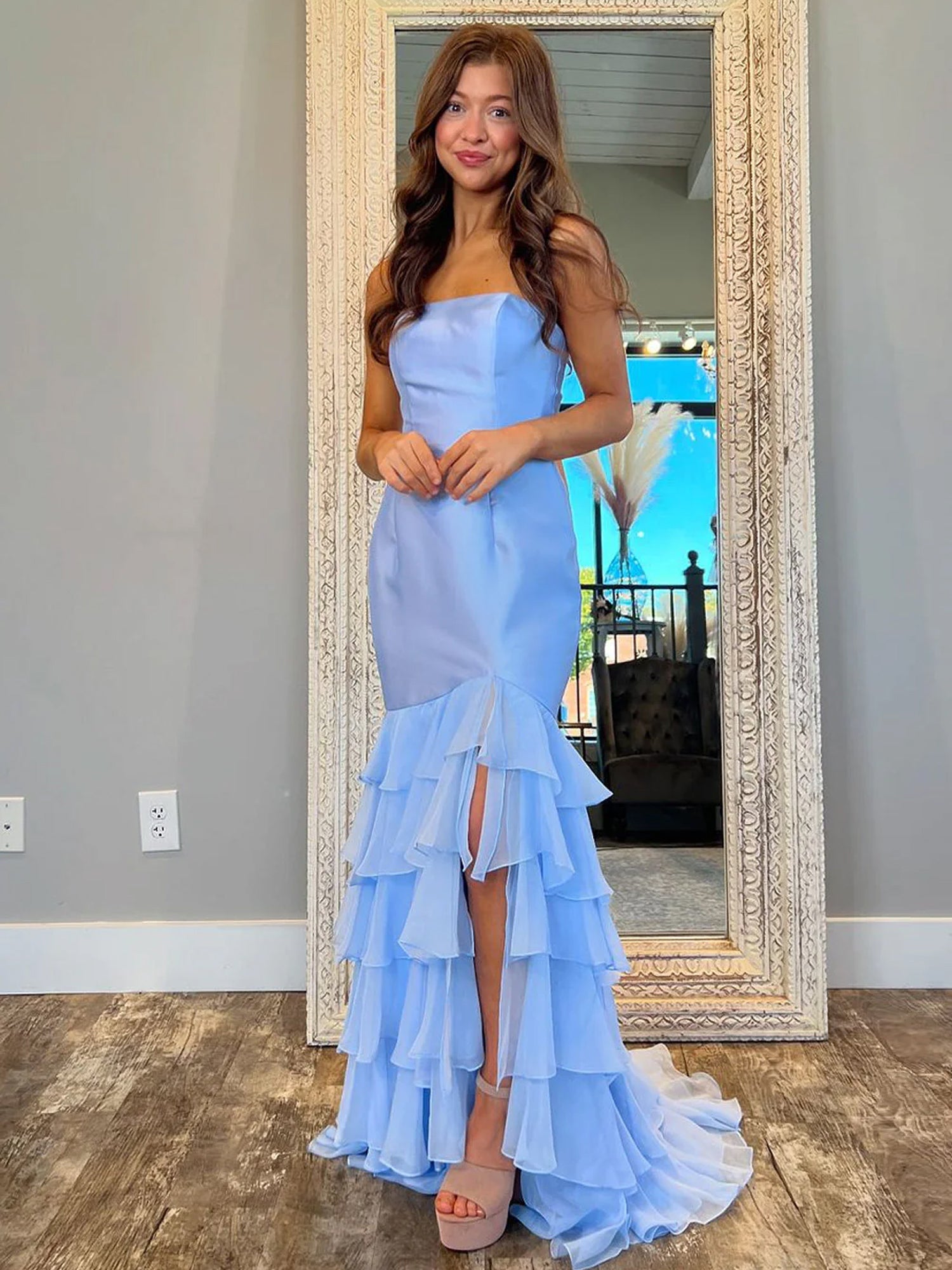 Sky Blue Mermaid Strapless Prom Dresses With Split