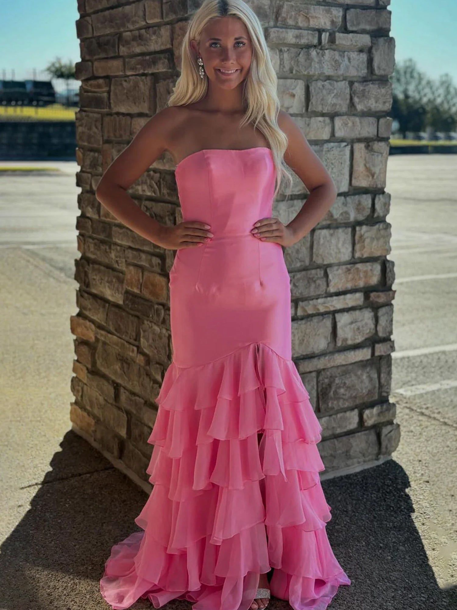 Sky Blue Mermaid Strapless Prom Dresses With Split