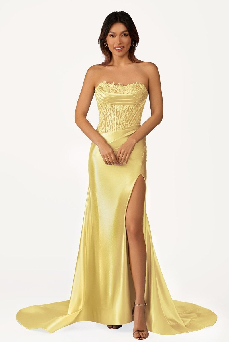Idra | Emerald Green Beaded Strapless Applique Formal Dress with Slit - KissProm