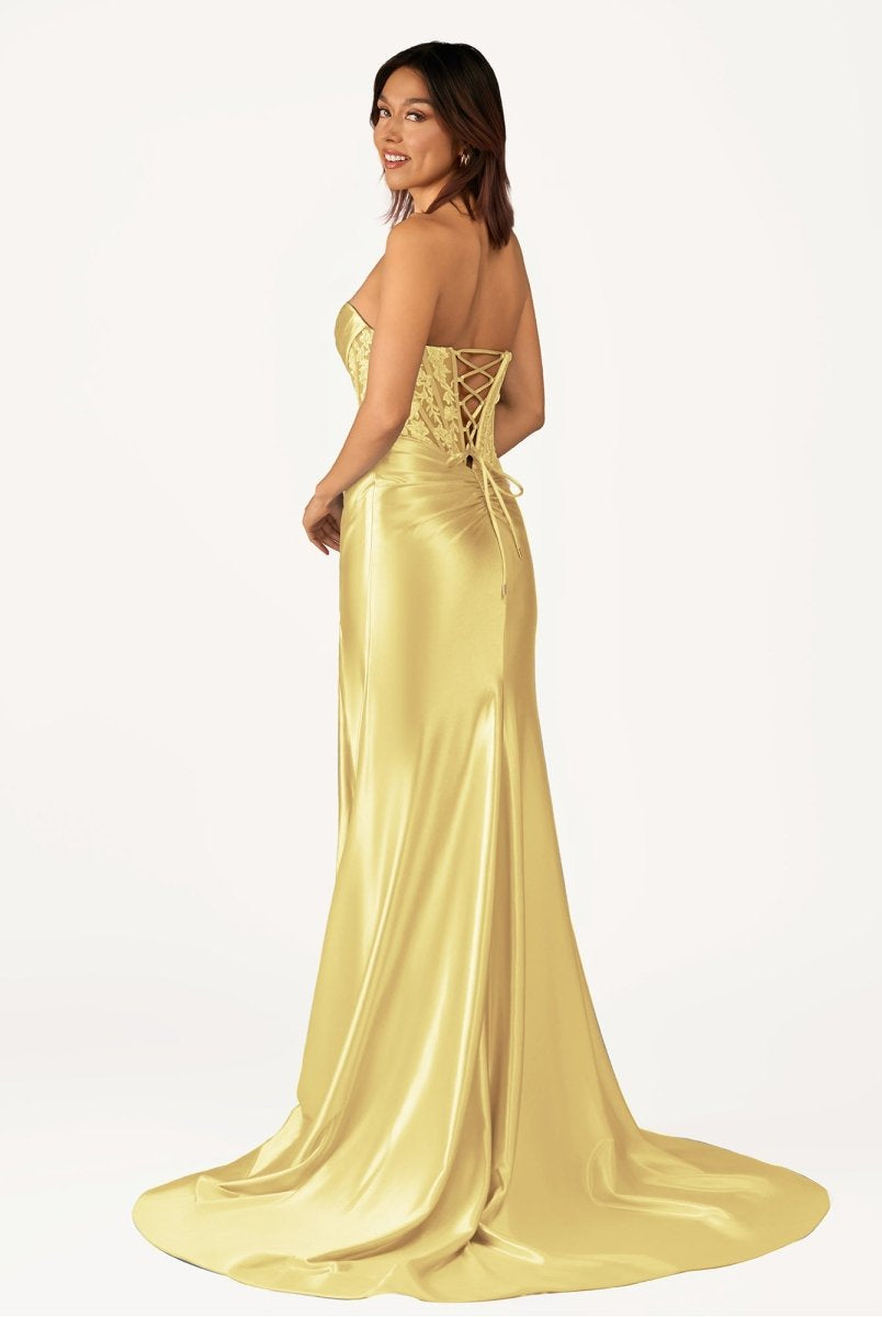 Idra | Emerald Green Beaded Strapless Applique Formal Dress with Slit - KissProm