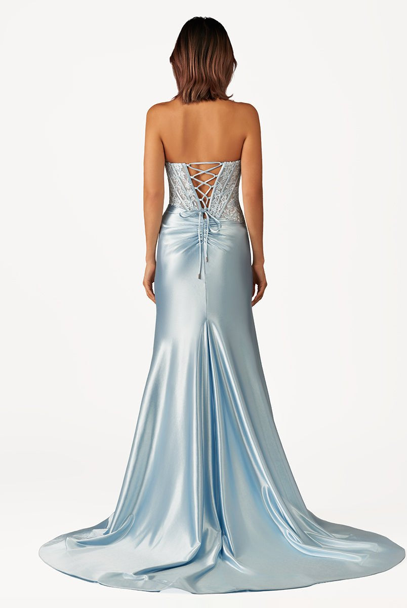 Idra | Emerald Green Beaded Strapless Applique Formal Dress with Slit - KissProm