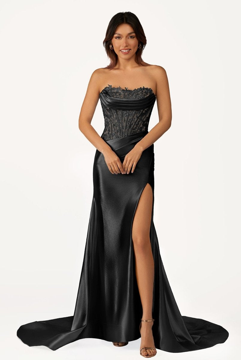 Idra | Emerald Green Beaded Strapless Applique Formal Dress with Slit - KissProm