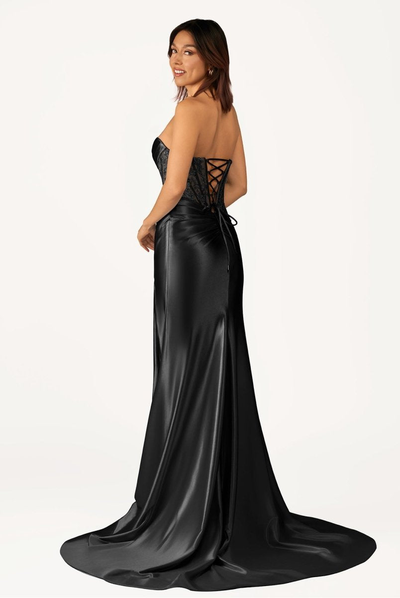 Idra | Emerald Green Beaded Strapless Applique Formal Dress with Slit - KissProm