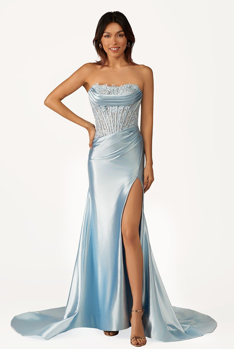 Idra | Emerald Green Beaded Strapless Applique Formal Dress with Slit - KissProm