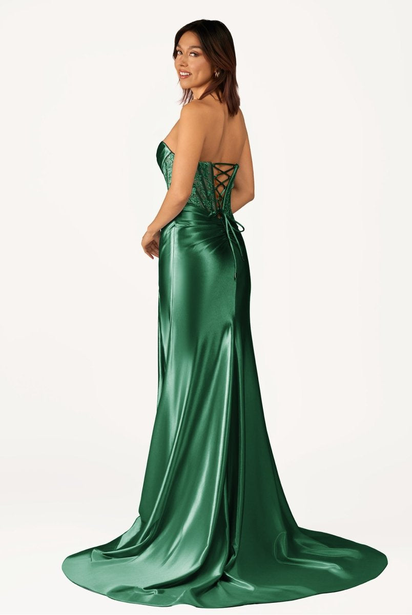 Idra | Emerald Green Beaded Strapless Applique Formal Dress with Slit - KissProm