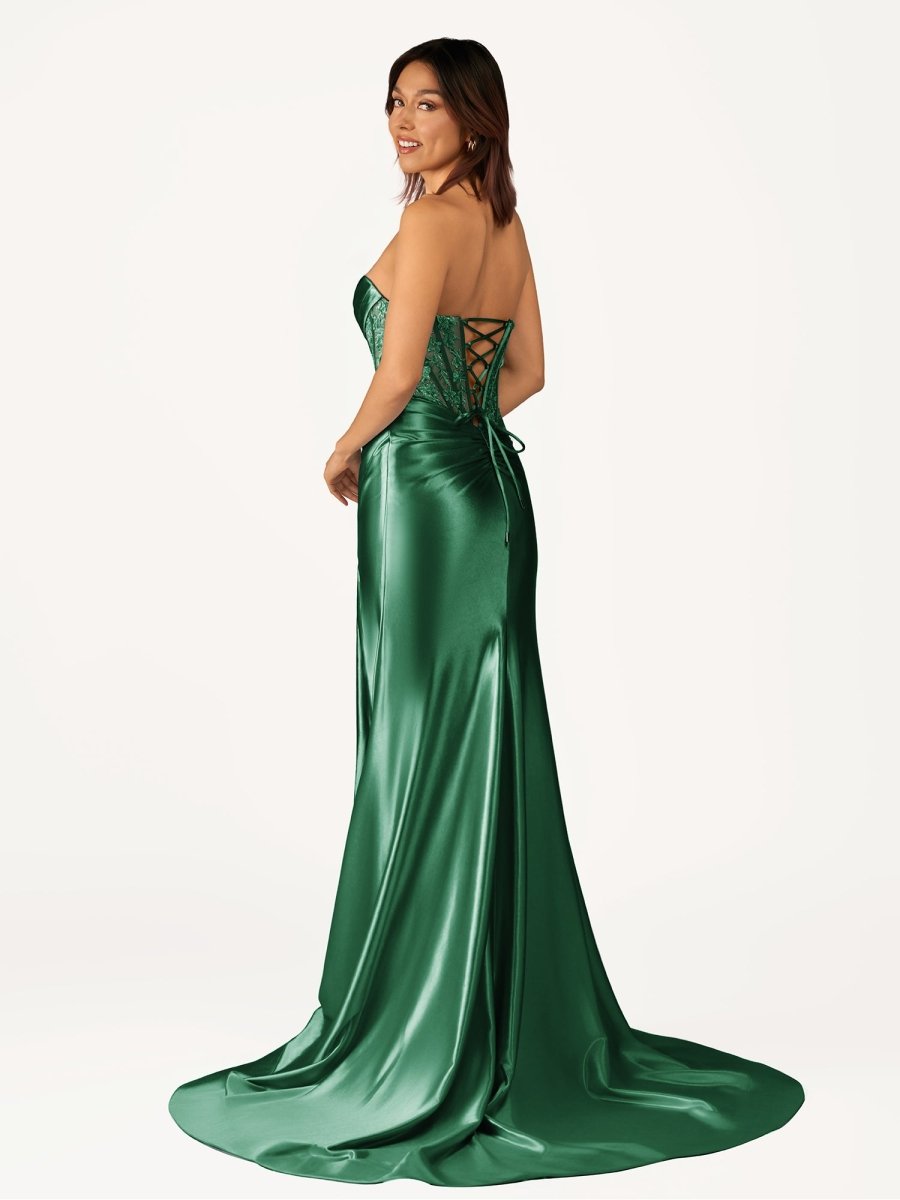 Idra | Emerald Green Beaded Strapless Applique Formal Dress with Slit - KissProm