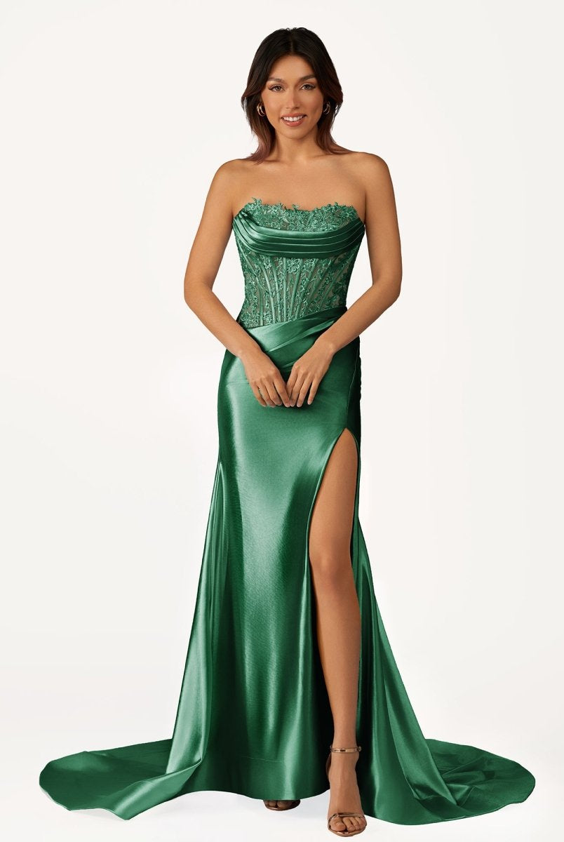 Idra | Emerald Green Beaded Strapless Applique Formal Dress with Slit - KissProm