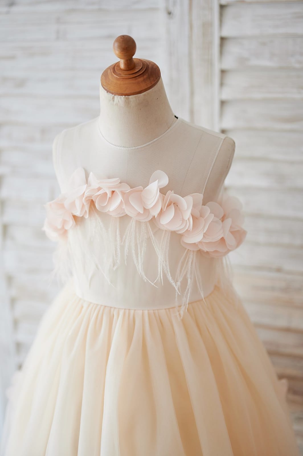 Illusion Tulle Feathers Flower Girl Dress