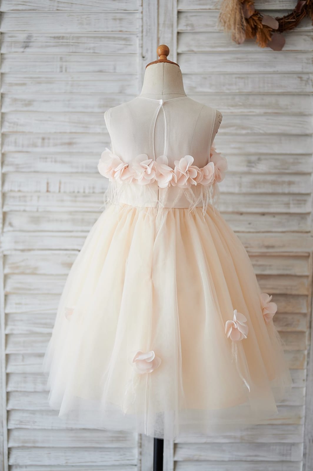 Illusion Tulle Feathers Flower Girl Dress