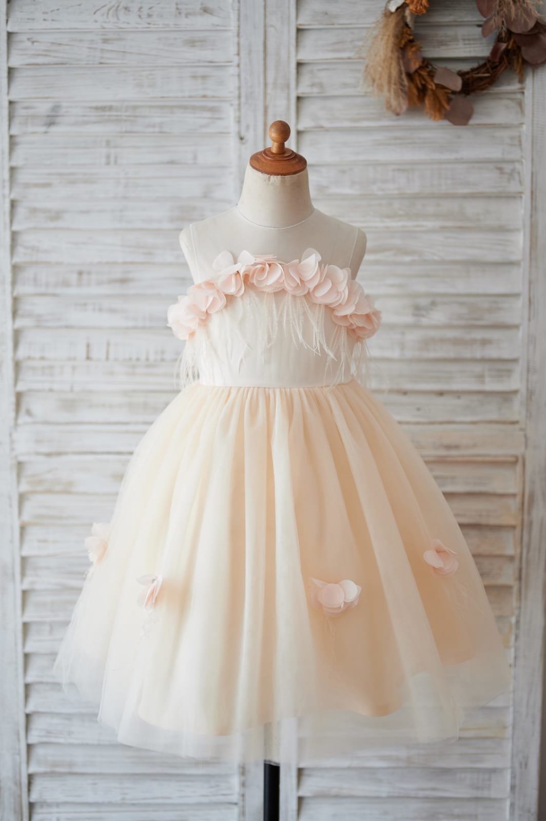 Illusion Tulle Feathers Flower Girl Dress