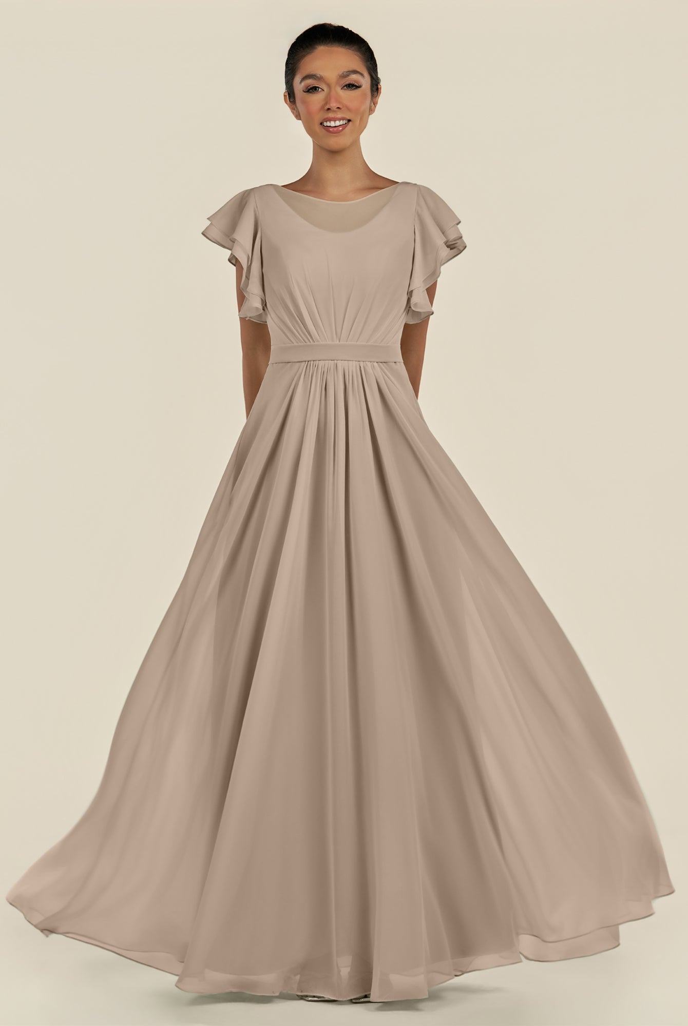 KissDress-Inea Almond A Line Chiffon Illusion Scoop Neck Long Bridesmaid Dress with Flutter Sleeves