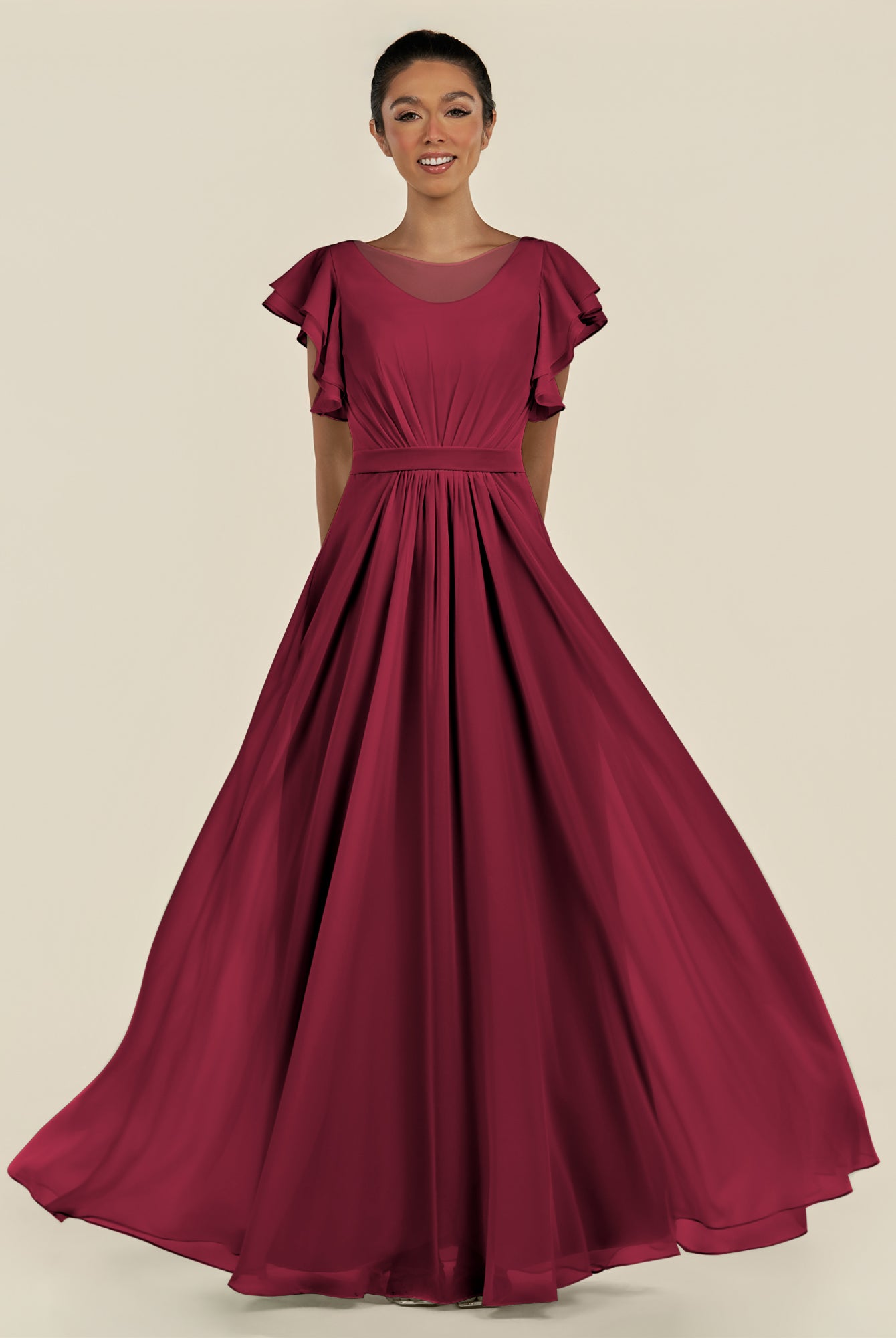 KissDress-Inea Berry A Line Chiffon Illusion Scoop Neck Long Bridesmaid Dress with Flutter Sleeves