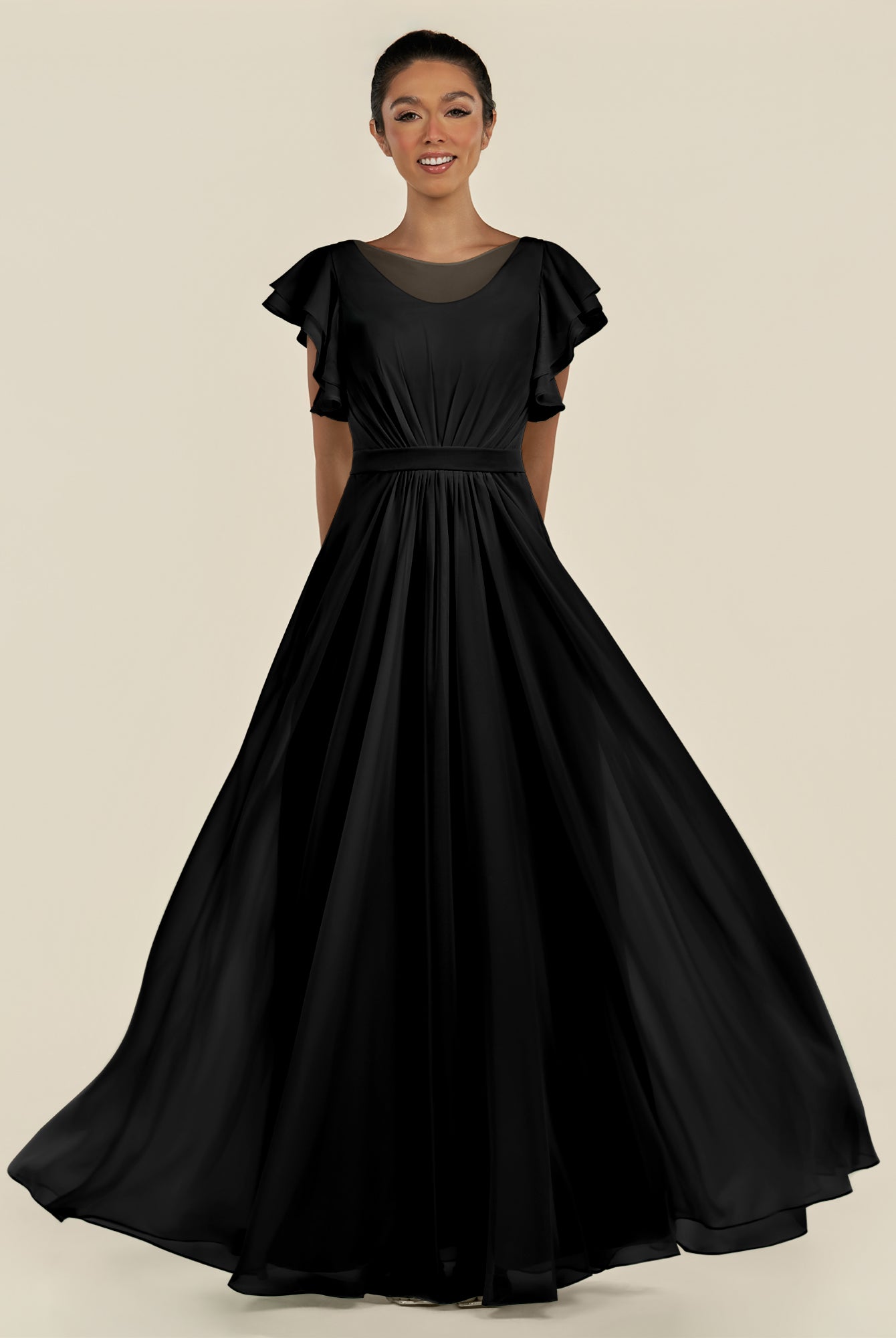 KissDress-Inea Black A Line Chiffon Illusion Scoop Neck Long Bridesmaid Dress with Flutter Sleeves